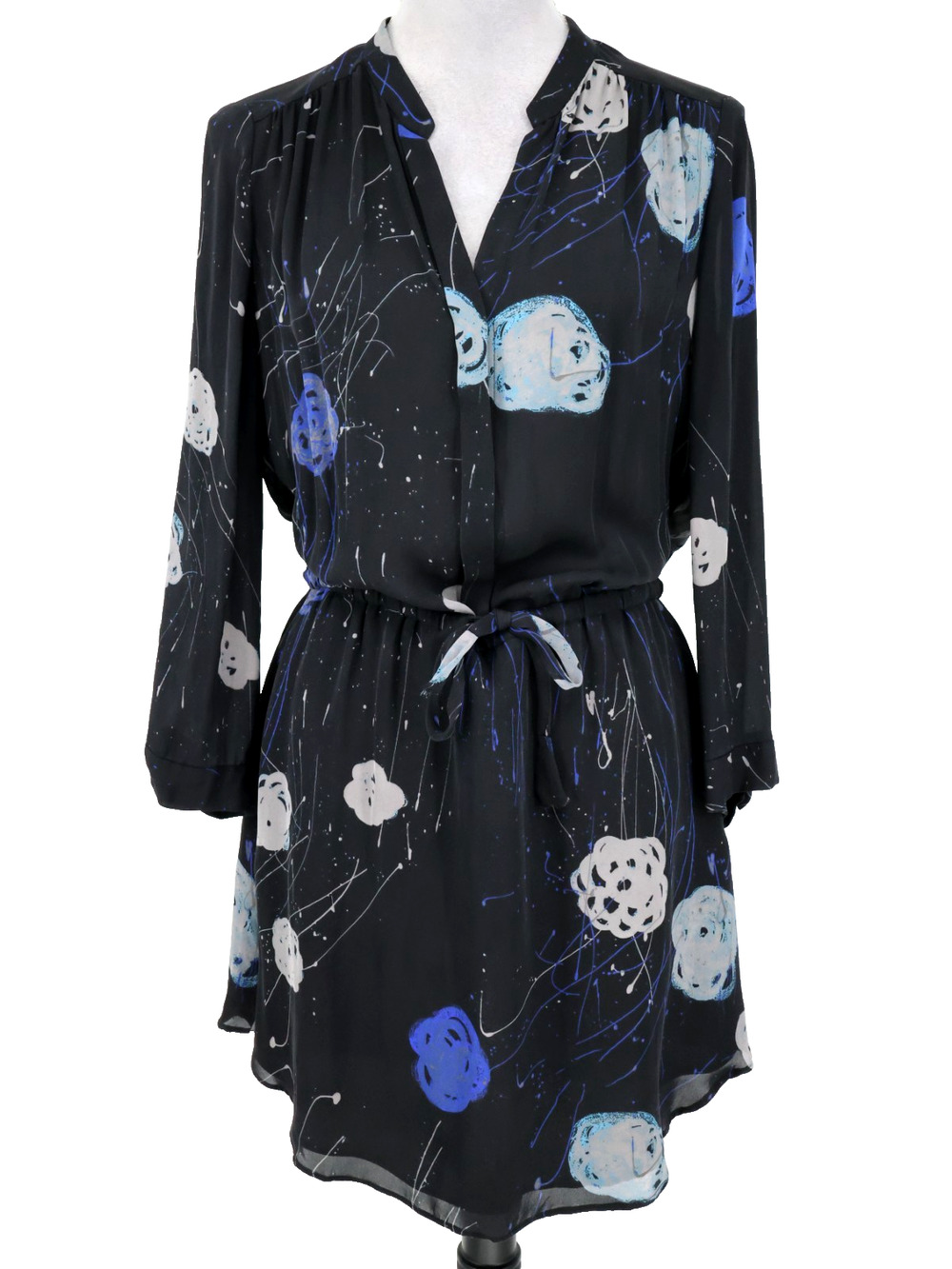 Babaton Dress Womens Medium Black Print Silk Chiffon Tie Waist Lined Tunic Sides